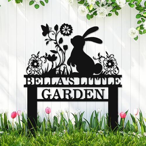 Personalized Flowers Rabbit Garden Sign with Stakes, Custom Metal Floral Bunny Rabbit Garden Stake, Customized Animal Rabbit Silhouette Yard Sign Easter Bunny Outdoor Garden Decor Sign
