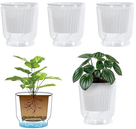 ACESOME 4 vasi autoirriganti con corda di cotone e serbatoio dell'acqua profonda, vaso da cucina con sistema di irrigazione, vaso per piante da interno (trasparente, 10,8 x 12 cm)
