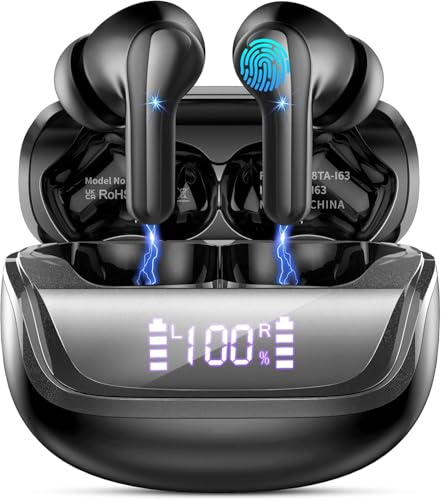 Cuffie Bluetooth 5.4, Auricolari Bluetooth Stereo HiFi con 4 HD Mic, Cuffie Wireless 45 Ore LED Display, in Ear Cuffiette Bluetooth con Cancellazione Rumore, Cuffie Senza Fili IP7 Impermeabile