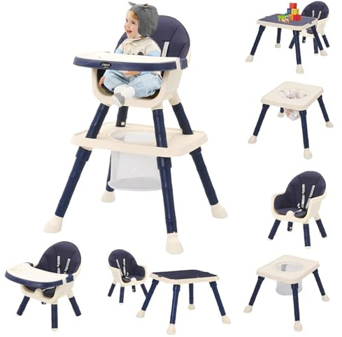 7-in 1 Baby High Chair, Highchair with Removable Game Table, Adjustable Height, Footrest, Portable Baby Chair Multifunctional Combination for Babies Toddlers (Blue)