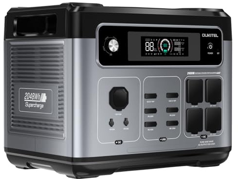OUKITEL P2400E Estación de Energía Portátil 2048Wh LiFePO4,Generador Solar con Enchufe de 4 AC,2400W(4800W Pico) 240V,Carga Rápida en 1 Hora(0–80%),para Camping,Viajes