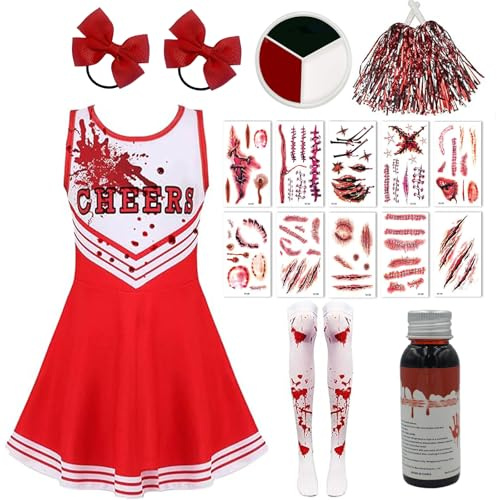 AXERHK Cheerleader Kostüm Kinder, Halloween Kostüm Damen, 17 Stück Cheerleading Outfit mit Kleid Halloween Gruseliger Kostüm, für Gruseliger Mottopartys
