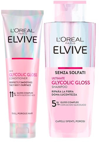 L'Oréal Paris Elvive Glycolic Gloss Upplysande schampo med glykolsyra 200 ml + balsam för poröst och tråkigt hår med matchande glans och varaktig silke-effekt 150 ml – set om 2