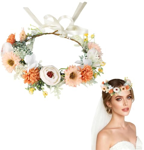 Blumenkranz Haare, Handgemachter Haarschmuck Hochzeit mit Verstellbarem Satinband, Blumenkranz für Damen & Kinder, Romantischer Blumen Haarreif mit Stoffblumen für Festival & Braut