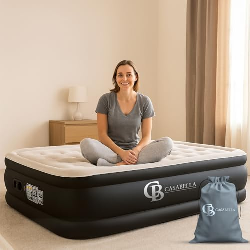 Casabella Air Bed - Airbed with Built-in Electric Air Pump, 3 Min Self-Inflating/Deflating King Size Air Mattress with Flocked Surface, Portable Blow Up Mattress for Home, Camping (203x152+46cm)