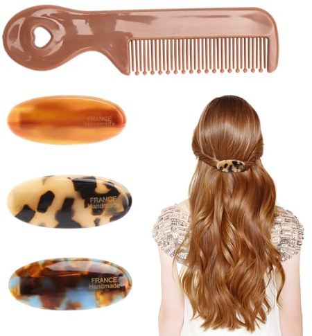 Französische Haarspange 3er Set, French Hair Clip mit Kamm, French Barrette Hair Clip, French Clip aus Resin im ovalen Schildpatt Design, Mini Haarspange Damen für Pony, feines Haar & Alltag Styling