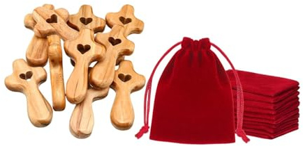 Fenteer Wooden Pocket Crosses with Bags Keepsakes Small Olive Wooden Cross Mini Holding Crucifix for Clutching Baptism