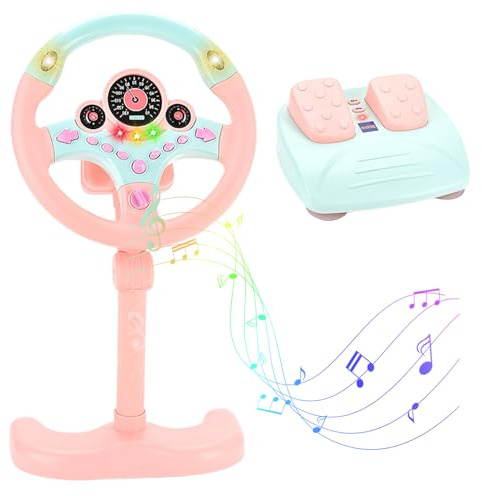 Pesoncarl Volante Juguete, Volante simulación con Pedal Acelerador y Correas, rotación 360° y Divertidos Efectos Sonido, magníficas Luces para niños 3 años en adelante, Estilo 2.