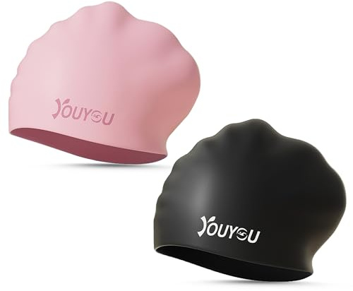 Confezione da 2 cuffie da nuoto in silicone per capelli lunghi, grandi, impermeabili, per donne, uomini, adulti, con capelli spessi o ricci, comode cuffie da bagno 3D (rosa e nero)