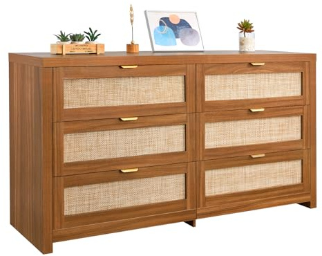 VEVOR Cómoda Bohemia de Ratán con 6 Cajones, Tiradores y Patas Metálicas, Amplio Espacio de Almacenamiento, Mueble Moderno para Dormitorio, Salón o Recibidor, 144,5 x 45 x 79,5 cm, Color Nogal