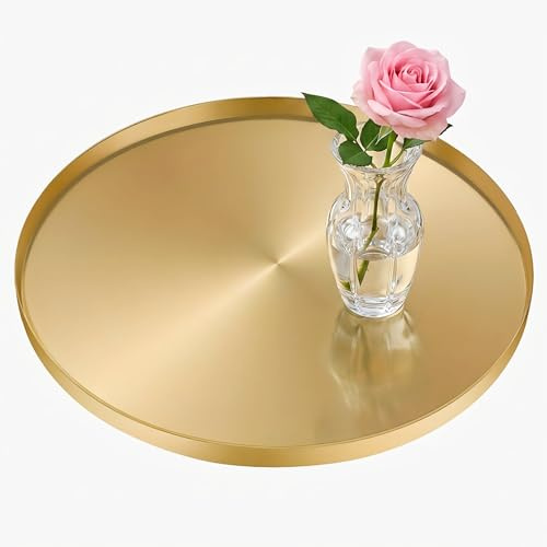40cm Large Round Gold Serving Tray, Decorative Golden Coffee Bar Tray, Circle Serving Platter Stainless Steel Storage Organizer Trays for Jewelry, Makeup, Cosmetics, Candle, Drinks