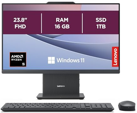 Lenovo IdeaCentre AIO 3 24” Desktop PC, AMD Ryzen 5 Processor, 16GB RAM, 1TB SSD, 23.8” Full HD Screen, All‑in‑One for Home, Work & Entertainment, Wireless EOS Keyboard and Mouse – Luna Grey
