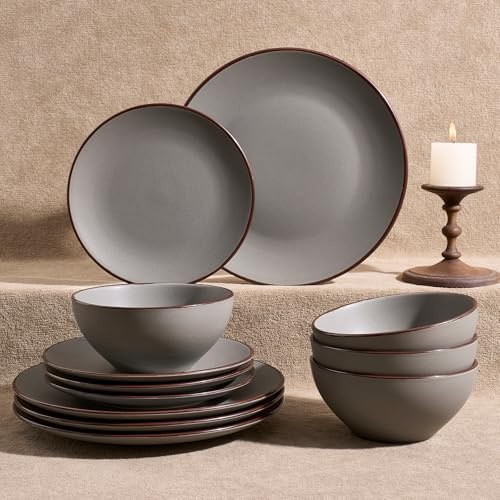 Richmount Venus Plates and Bowls Sets, Speckled 12-Piece Plate Set, Stoneware Dinner Set for 4 with Dinner Plates, Dessert Plates, Cereal Bowls, Microwave & Dishwasher Safe, Dark Gray