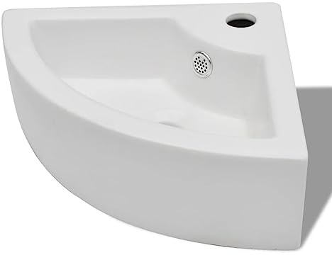 Mhdvray Lavabo de esquina de cerámica, 45 x 32 x 12,5 cm, color blanco, con protección contra desbordamiento y orificio para grifo, diseño moderno que ahorra espacio para invitados, baño, cocina y uso