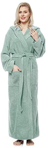 Arus Damenbademantel mit Kapuze, knöchellang, Baumwolle, S-M Lang, Hellgrün