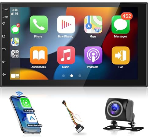Android Doppel-Din Autoradio Navi mit Carplay Wireless Android Auto 7 Zoll Bildschirm Touchscreen 2 Din Bluetooth/GPS Navigation/FM RDS Radio Car Multimedia Player, WiFi/USB/Rückfahrkamera