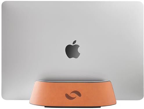 HumanCentric Vertical Laptop Stand in Vegan Cognac Leather, Upright Adjustable Holder and Dock, Laptop Vertical Stand Fits MacBook Pro and Other Laptops .5 to 1.5, Clamshell Compatible