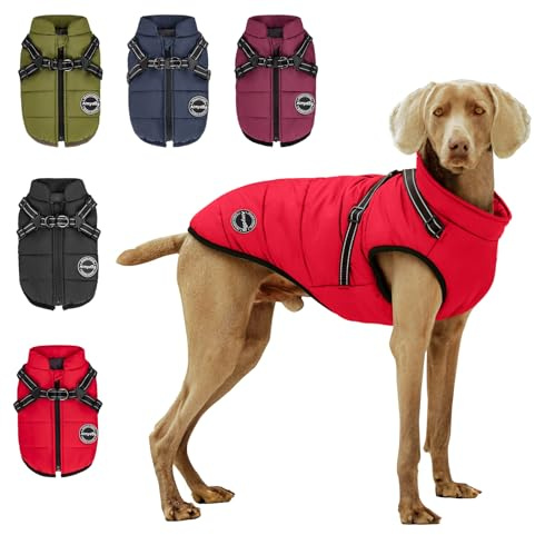 Aimydog Hundemantel Winter, Wärme Hundejacke Mit Brustgurt Gurt Winddichte mit bauchschutz, Haustier Outdoor Reflektierend Hundeweste mit Fleece Gefütterte für Kleine (Rot, L)