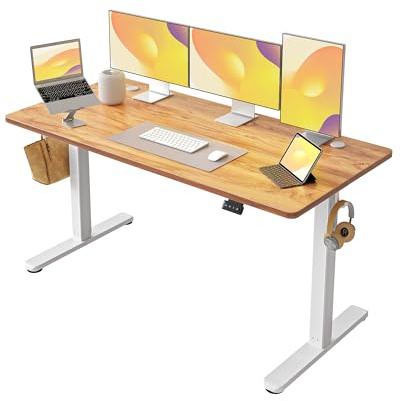 FEZIBO Bureau réglable en Hauteur électriquement, 150 x 60 cm Bureau Debout avec Commande à mémoire et Technologie Anti-Collision, Cadre Blanc/Plateau Marron Clair