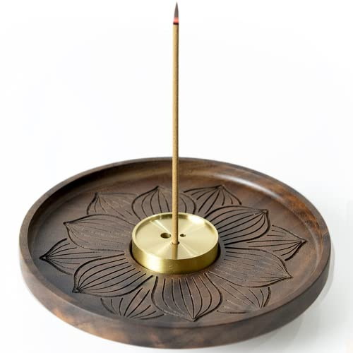 SEEDWAVE Wooden Incense Holder, Walnut Incense Burner with Removable Brass Incense Holder, Joss Stick Holder for Home Decor (Lotus)