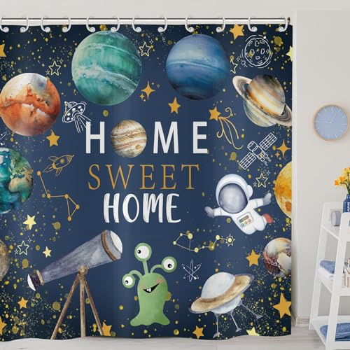 ASDCXZ Rideau de Douche pour Enfants 180x200 cm, Sweet Home Astronaute Mignon Space Planet Star Boy Bleu Profond Lavables Textile Rideau de Bain imperméable pour Baignoire avec 12 Crochets
