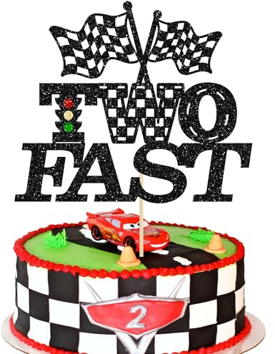 Gyufise 2pcs Black Glitter Checkered Flag Racing Car 2nd Birthday Cake Topper for Let's Go Racing Theme Boys Girls Kids Party Cake Decor