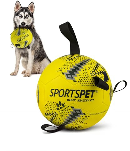 SPORTSPET Dog Football with Grab Tabs, Floating Toy (Yellow, Medium) | Durable Interactive Dog Volleyball, Floating Water Dog Toy for Indoor & Outdoor Play, Dog Ball for Dog Birthday Gift