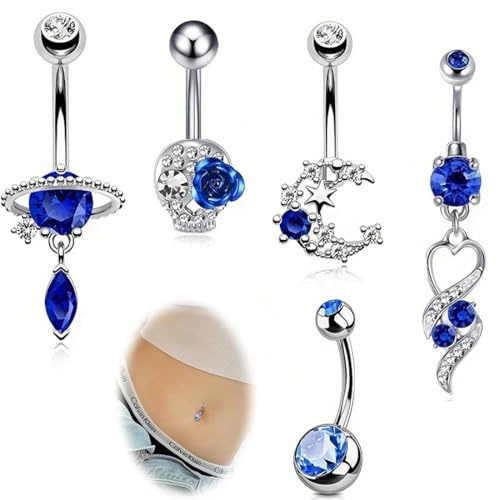 ZILZUFA Piercing de Ombligo en Acero Quirúrgico con Estrass Azul, Barra de Plata para Abdomen, Regalo para Mujeres, Piercing Ombligo Acero Quirúrgico Aro