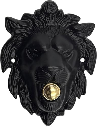 Large Lion Shaped Doorbell Button – Black Powder Coated – 5 1/4 x 4 – Vintage Lion Decorative Bell Push Button with Rustic Handmade Design – Cast Iron with Surface Mount – DIY Install