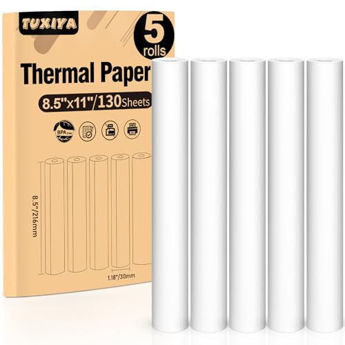 TUXIYA 5 Rolls Thermal Printer Paper 8.5x11 US Letter Size, BPA free Quick-Dry Thermal Paper,Thermal Printing Paper Rolls Compatible Most Portable Printers(About 130 Sheets)