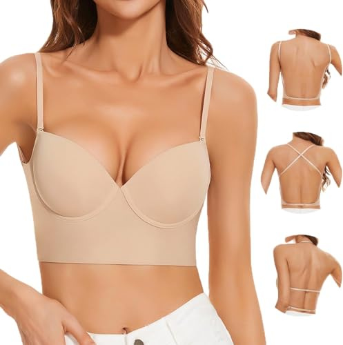 Low Back Bras for Women, Seamless Underwire Invisible Backless Bra, Multi-Way Convertible Straps Low Cut Bras Halter Bra(Nude, 34DDD)