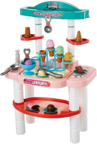 PEBBLE HUG Kids Ice Cream Shop Playset, Educational, Role-Play Ice Cream Stand for Toddlers & Children, Imaginative Kitchen Toy, Pretend Dessert Counter Toy Set with Cones, Scoops, Toppings, Bowls,