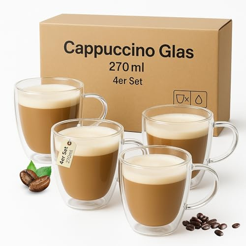 Cappuccino Glas mit Henkel 270 ml 4er Set doppelwandige Kaffeegläser Thermogläser aus Borosilikatglas & HLKauf-Block