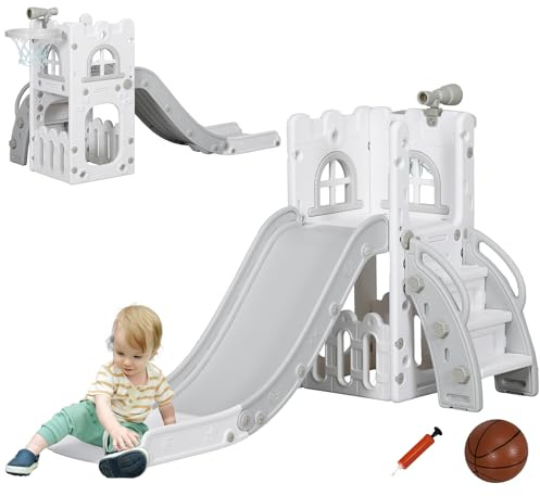 AIYAPLAY Tobogán Infantil 5 en 1, Tobogán para Niños de 1-3 Años con Aro de Baloncesto, Telescopio, Escalador y Cesta Inferior, para Interior y Exterior, Blanco y Gris