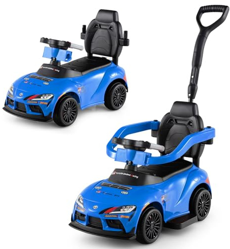 GOPLUS 3 in 1 Schiebeauto, Rutschauto Toyota mit verstecktem Stauraum & Musik, Rutschfahrzeug mit Schiebestange, Kinderfahrzeug für drinnen & draußen für Kinder von 18–60 Monaten (Blau)