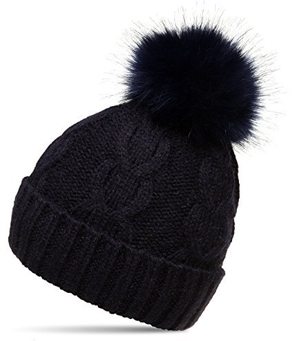 Caspar MU175 Damen Winter Mütze Strickmütze Bommelmütze mit großem Fellbommel, Farbe:dunkelblau, Größe:One Size
