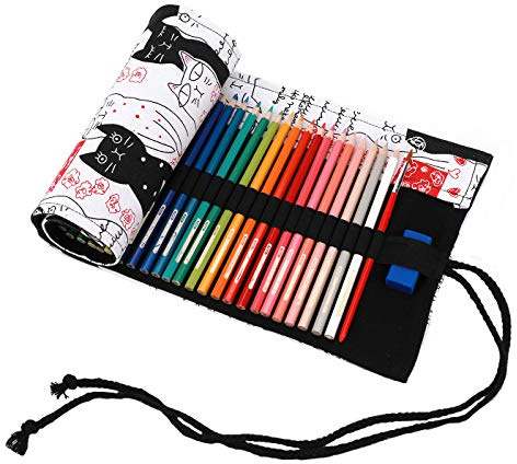 Amoyie Leinwand Stifterolle für 72 Buntstifte, Hand Roll-up Mäppchen für Reisen/Schule/Büro/Kunst (Keine Schreibzeuge im Lieferumfang), beige Katze