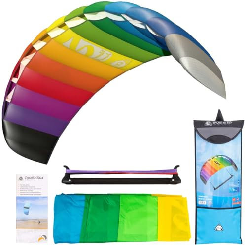 HQ Design - Symphony Beach III 2.2 Sport Rainbow Zweileiner Lenkmatte Lenkdrachen Drachen für Kinder und Erwachsene ab 14 Jahren, 73x220cm, inkl. 100kp Dyneema 2x25m+Controlbar 2-6 Bft