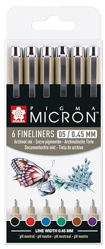 SAKURA Pigma Micron Fineliner Set - 0,45 mm - 6 Farben - Wasserfeste Permanenttinte - Ideal für Zentangle, Manga-Künstler & Hobbyisten