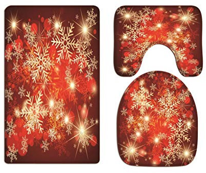 A.Monamour Badezimmer Badematte 3 Teilig Set Rot Bokeh Hintergrund Schneeflocken-Muster Weihnachten Urlaub Hintergrund Dekor Flanell Saugfähig Badteppiche Badvorleger Badgarnitur Wc Vorleger