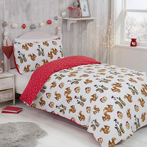 Sleepdown Parure de lit réversible avec Housse de Couette et taie d'oreiller pour Enfant Motif Animaux de la forêt 135 x 200 cm en Polycoton Blanc Rouge
