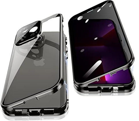 Jonwelsy Anti Peeping Hülle für iPhone 13 Pro (6,1), 360 Grad Schutz Case, Privatsphäre Gehärtetes Glas Anti-Spähen Cover, Stark Magnetische Adsorption Metallrahmen Handyhülle für 13 Pro (Schwarz)