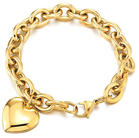 COOLSTEELANDBEYOND Gold Farbe Rolo Kette Charm-Armband, Gliederarmband Edelstahlarmband mit Puff Herz, Poliert