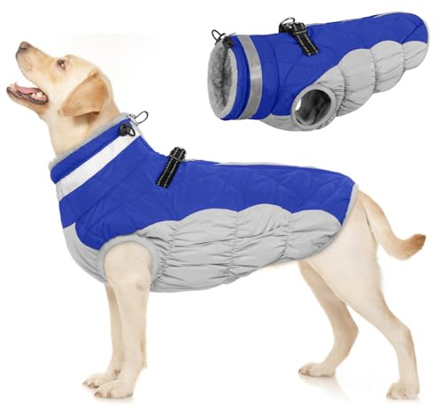 PUMYPOREITY Hundemantel Winter, Wasserdicht Hundejacken Große Hunde Weste Warm Winddicht Hundejacke Fleece Haustier Bekleidung Reflektierend Winterjacken mit Leine Loch(Blau, L)