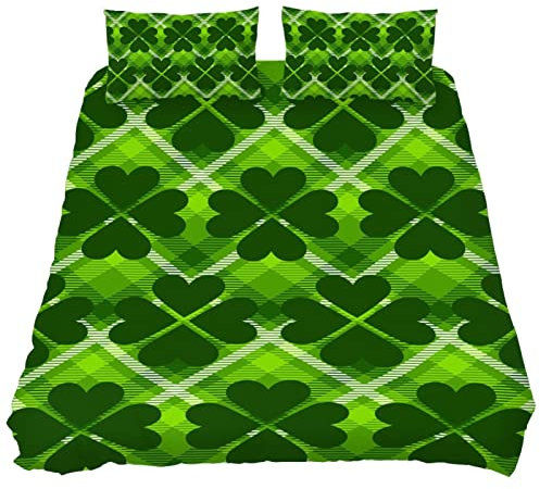3-teiliges Sport-Bettwäsche-Set in voller Größe, 3D-grünes Karomuster mit Kleeblatt, Steppdeckenbezug-Set mit Kissenbezug für Kinder, Teenager, Jungen und Mädchen, Queen-Size-Bett 22,9 x 73,7 cm