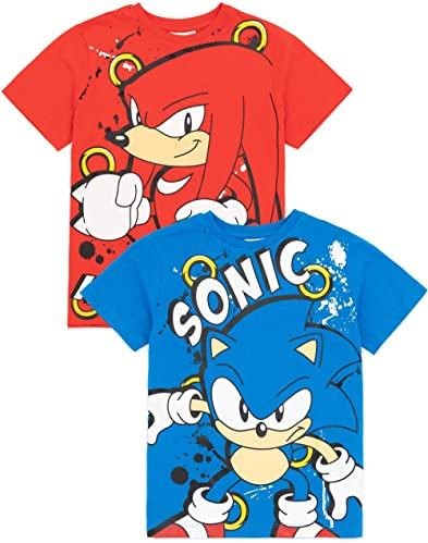 Sonic The Hedgehog T-Shirt 2 Pack Enfants | Garçons Filles Sonic Knuckles Jeu Personnages de Film Bleu Et Rouge Top | Cadeaux de Marchandises pour Lui Elle