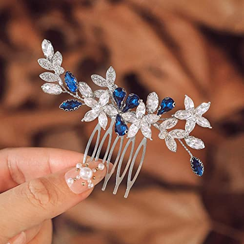 IYOU Pettine per capelli da sposa con strass blu, accessorio per capelli da sposa, accessorio per capelli da sposa e damigelle d'onore