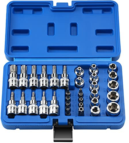 34 Stück E-TORX STAR SOCKET mit CRV E-Socket-Set E4-20, T10-60 Torx-Bit Set, pensionierter Beweis TT10-TT55 und 5/16F bis 3/8 M-Adapter, 3/8-Zoll-Antriebs-Torx-Bit-Sockel