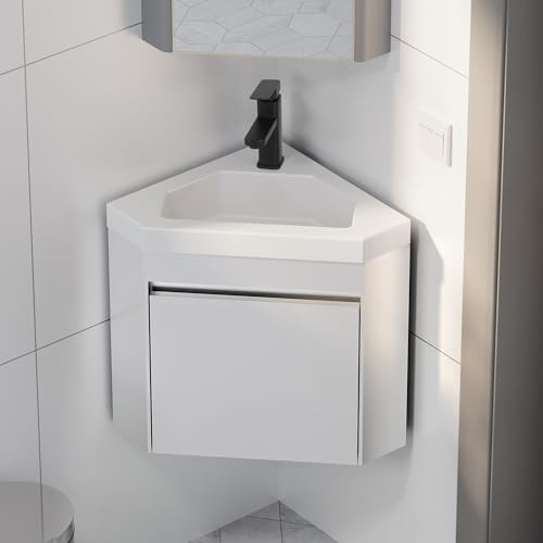 eclife 22 Corner Bathroom Vanity Sink Combo for Small Space Wall Mounted Floating Cabinet with White Resin Sink and Matte Black Faucet, White
