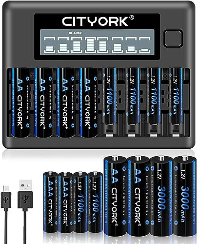 CITYORK 8-slot AA AAA LCD Battery Charger with 8 x 3000mAh AA + 8 x 1100mAh NI-MH Rechargeable Batteries Independent Slot Fast Charging Function